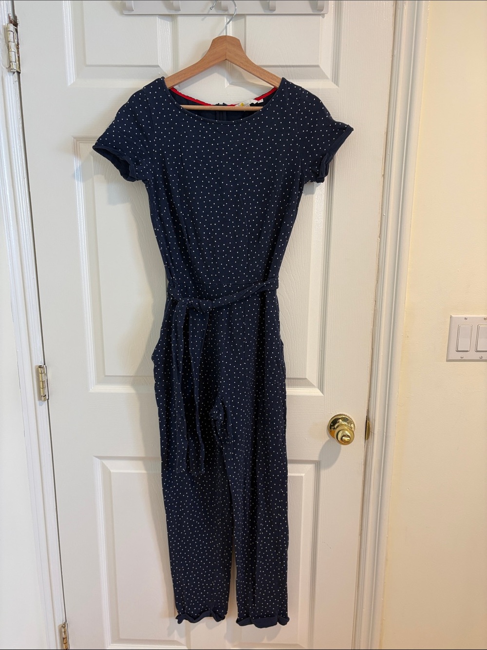 Boden Navy Polka Dot Short-Sleeve Jumpsuit with Tie Waist